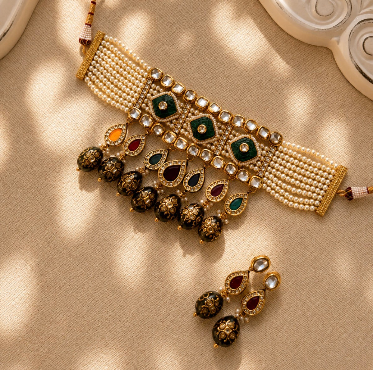 Maharani Emerald Meenakari Pearl Kundan Choker Set