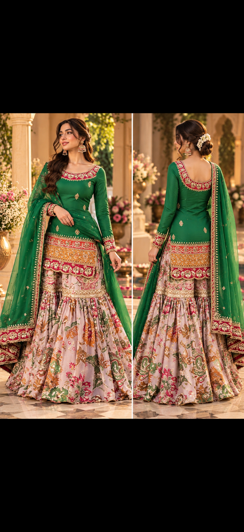 Gulnaar Emerald Floral Gharara Set