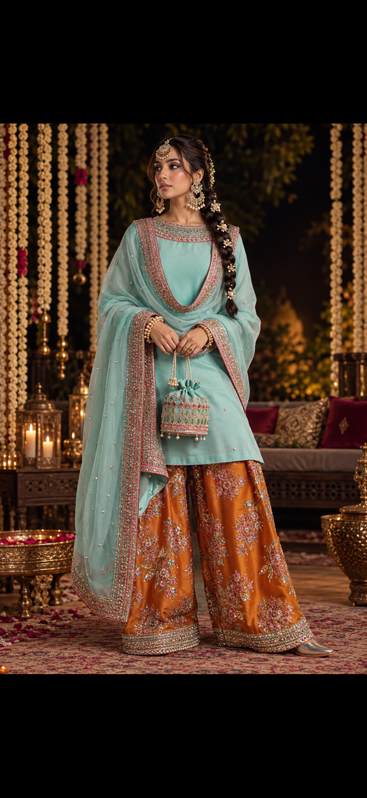 Noor-e-Rani Aqua & Rust Farshi Salwar Set